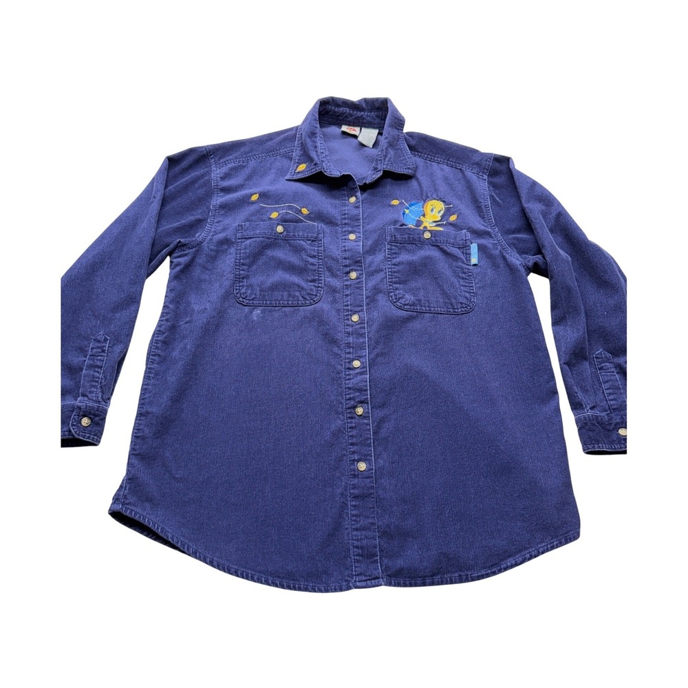 Warner Bros Shirt Womens M Blue Tweety Bird Corduroy Button Down Long Sleeve Top